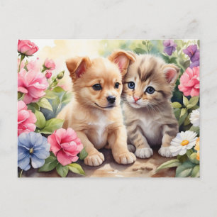 Kitten und Welpen im Blumengarten Illustration Postkarte