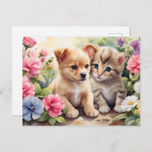 Kitten und Welpen im Blumengarten Illustration Postkarte (Vorne/Hinten)