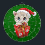 Kitten Weihnachten Weihnachten mit Geschenk Dartscheibe<br><div class="desc">Niedlicher Weihnachtsmann mit großen blauen Augen mit einem Big Red Christmas Geschenk</div>