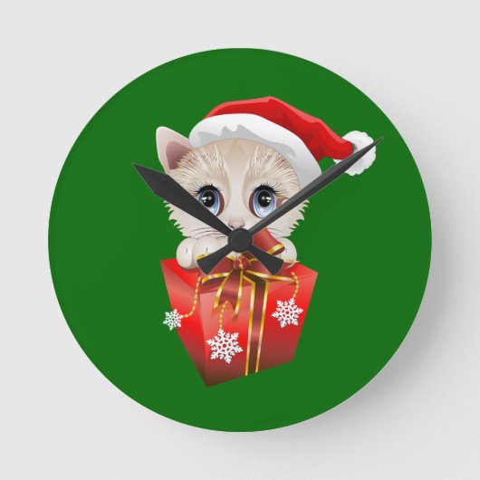 Kitten Weihnachten Weihnachten mit Geschenk Runde Wanduhr (Vorderseite)