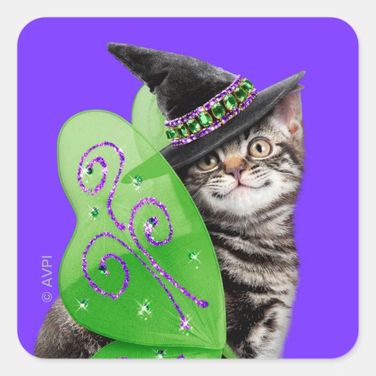 Kitten Witch Fairy Quadratischer Aufkleber (Vorderseite)