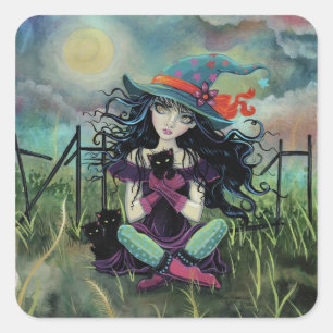 Kitten Witch Fantasy Art von Molly Harrison Quadratischer Aufkleber