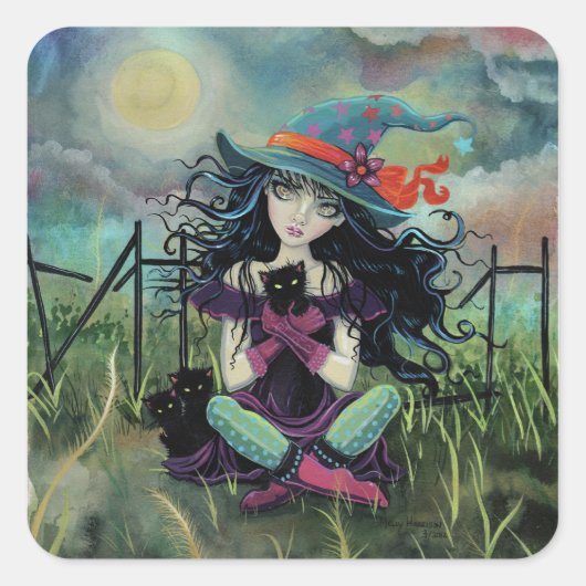Kitten Witch Fantasy Art von Molly Harrison Quadratischer Aufkleber (Vorderseite)