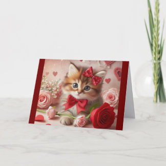 Kitten With Roses And Hearts Holiday Card Feiertagskarte