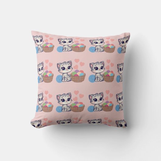 Kitten & Yarn Throw Pillow Kissen (Vorderseite)