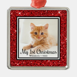 Kitten's 1. Weihnachts-Foto Roter Glitzer Ornament Aus Metall