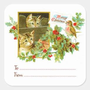 Kitties & Robin Vintage-Weihnachtsgeschenk Quadratischer Aufkleber