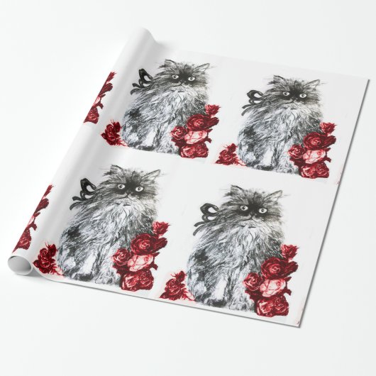 KITTKATZE /KÜCHE MIT ROTE ROSEN Schwarz-weiß Geschenkpapier (Ungerollt)