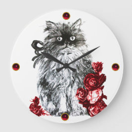 KITTKATZE,KÜCHE MIT ROTE ROSEN,Schwarz-weiß Große Wanduhr