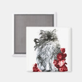 KITTKATZE, KÜCHE MIT ROTE ROSEN Schwarz-weiß Magnet (Vorderseite/Rückseite)