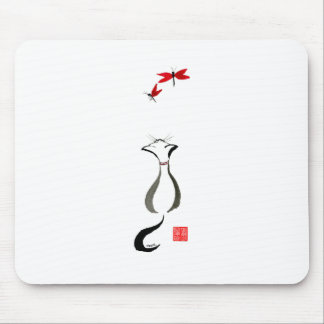 Kittlins Cat and Red Dragonfly Watercolor Sumi-e Mousepad