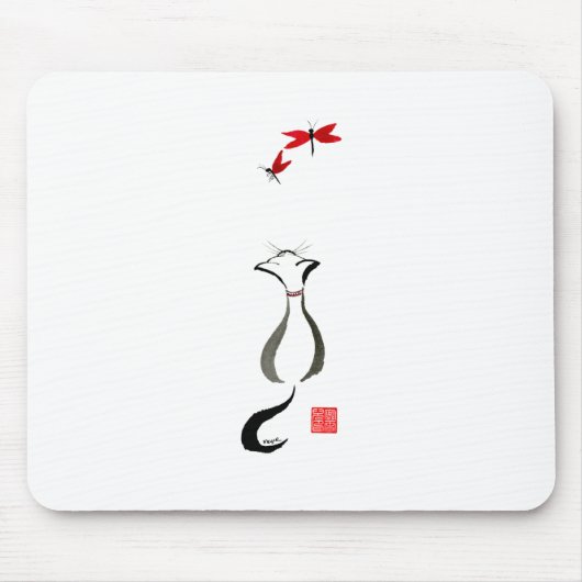 Kittlins Cat and Red Dragonfly Watercolor Sumi-e Mousepad (Vorne)