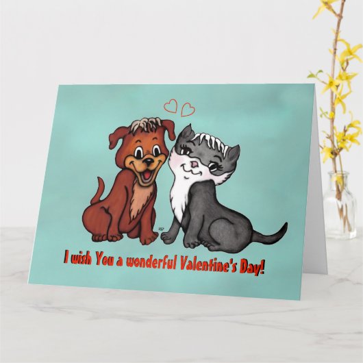 Kitty and Puppy , Happy Valentines Day! Karte (Gelbe Blume)