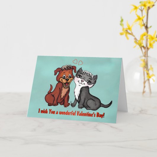 Kitty and Puppy , Happy Valentines Day! Karte (Gelbe Blume)