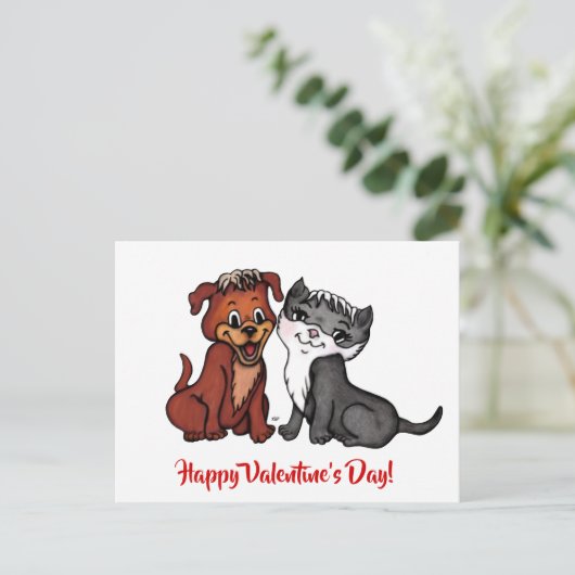 Kitty and Puppy , Happy Valentine's Day! Postkarte (Stehend Vorderseite)
