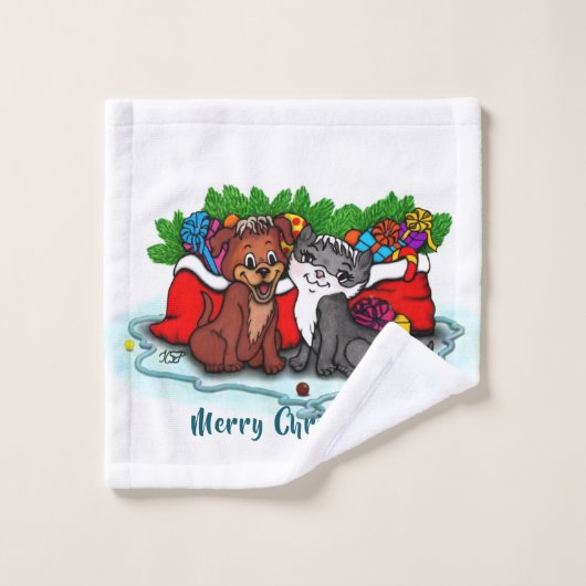 Kitty and Puppy , Happy XMas Badhandtuch Set (Waschlappen)