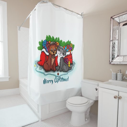 Kitty and Puppy , Happy XMas Duschvorhang (Beispiel)