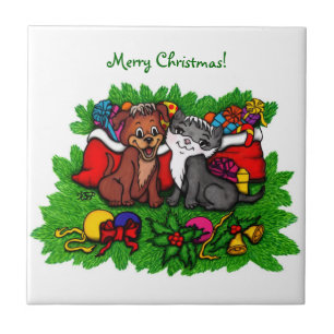Kitty and Puppy , Happy XMas Fliese