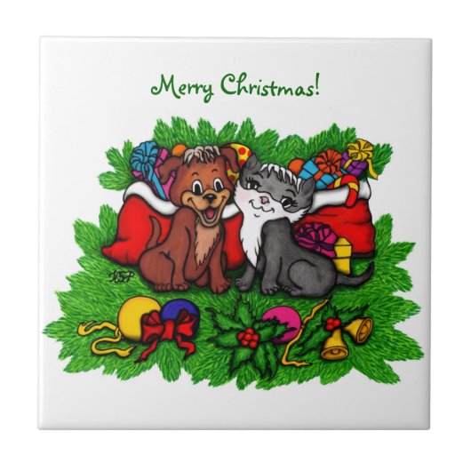 Kitty and Puppy , Happy XMas Fliese (Vorderseite)