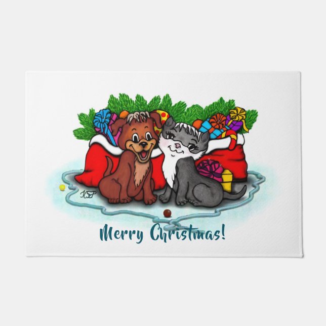 Kitty and Puppy , Happy XMas Fußmatte (Vorderseite)