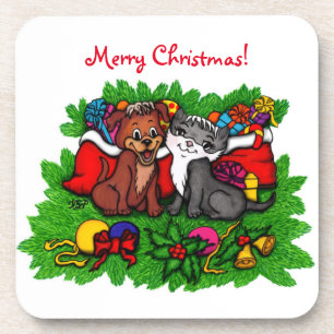 Kitty and Puppy , Happy XMas Getränkeuntersetzer