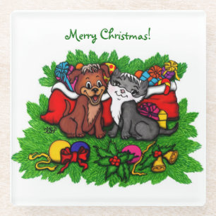 Kitty and Puppy , Happy XMas Glasuntersetzer