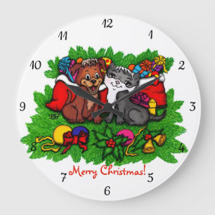 Kitty and Puppy , Happy XMas Große Wanduhr