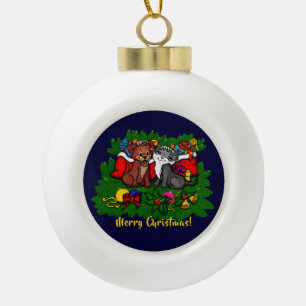 Kitty and Puppy , Happy XMas Keramik Kugel-Ornament