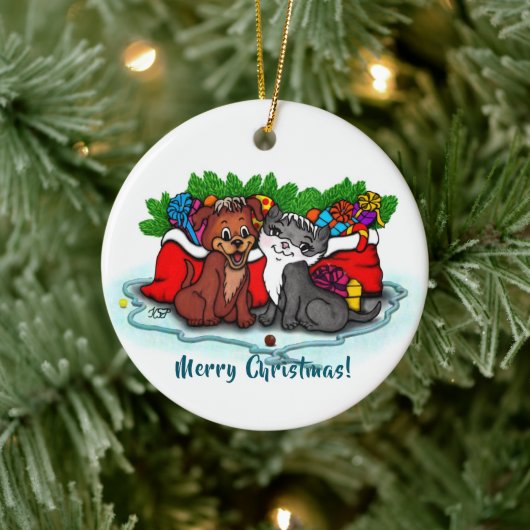 Kitty and Puppy , Happy XMas Keramik Ornament (Baum)