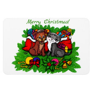 Kitty and Puppy , Happy XMas Magnet