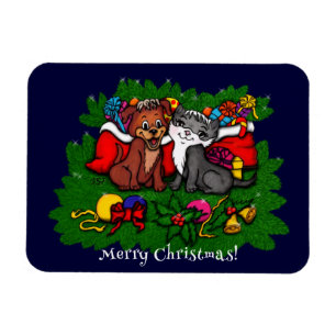 Kitty and Puppy , Happy XMas Magnet