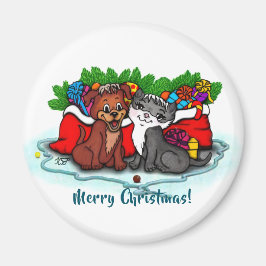 Kitty and Puppy , Happy XMas Magnet