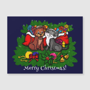 Kitty and Puppy , Happy XMas Magnetic Card Magnetkarte