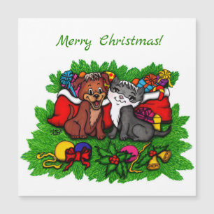 Kitty and Puppy , Happy XMas Magnetkarte