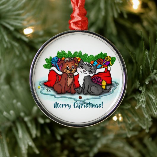 Kitty and Puppy , Happy XMas Ornament Aus Metall (Baum)
