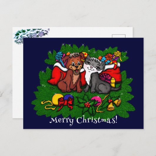 Kitty and Puppy , Happy XMas Postkarte (Vorne/Hinten)
