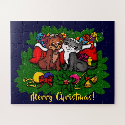 Kitty and Puppy , Happy XMas Puzzle (Horizontal)