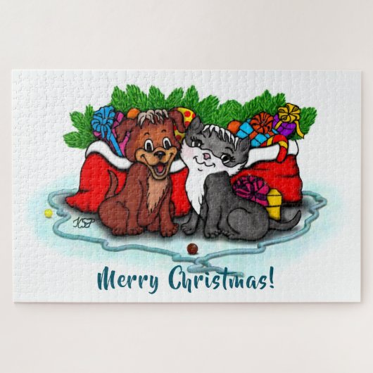 Kitty and Puppy , Happy XMas Puzzle (Horizontal)