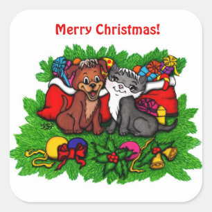 Kitty and Puppy , Happy XMas Quadratischer Aufkleber