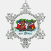 Kitty and Puppy , Happy XMas Schneeflocken Zinn-Ornament (Vorderseite)