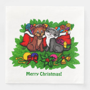 Kitty and Puppy , Happy XMas Serviette