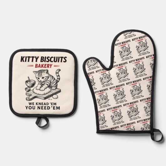 Kitty Biscuits Bäckerei Ofenhandschuh & Topflappen-Set (Vorderseite)