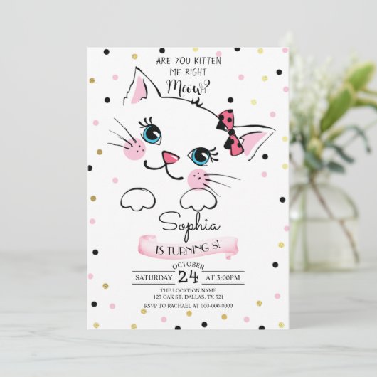 Kitty Cat Birthday Einladung (Stehend Vorderseite)
