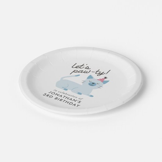 Kitty Cat Birthday Party | Let's Pawty Blue Pappteller (Schrägansicht)