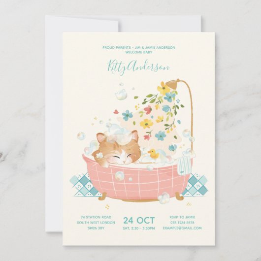 Kitty Cat Blume Bubble Bath Babydusche Einladung (Vorderseite)