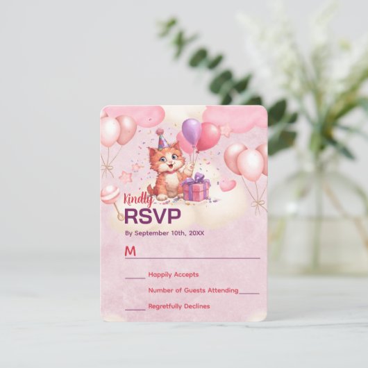 Kitty Cat Celebration Birthday Response Card RSVP Karte (Stehend Vorderseite)