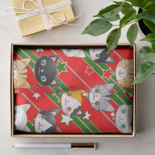Kitty Cat Christmas Red & Green Niedlich Seidenpapier (Geschenk)