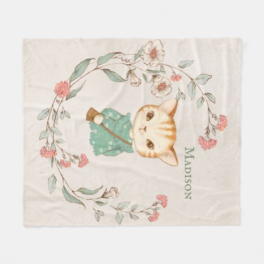 Kitty Cat Floral Personalisiert Name Girl Fleecedecke (Vorderseite (Horizontal))
