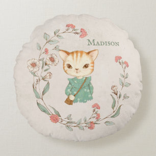 Kitty Cat Floral Personalisiert Name Girten Kitten Rundes Kissen