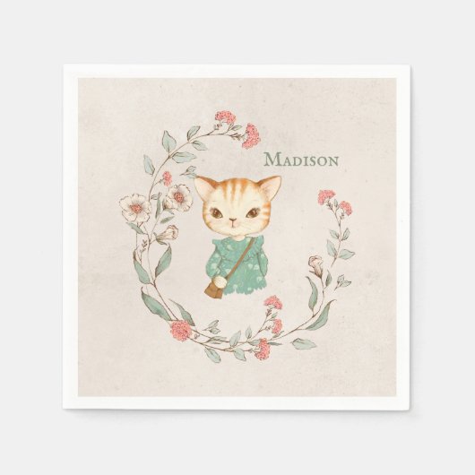 Kitty Cat Floral Personalisiert Name Girten Kitten Serviette (Vorderseite)
